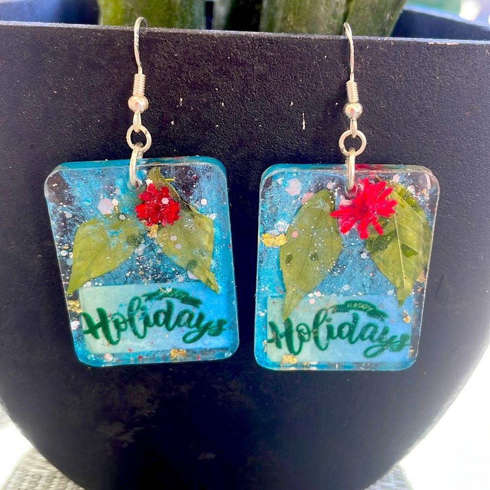 Festive Handmade Pressed Flower Medium Holiday Vibes Earrings Blue Square